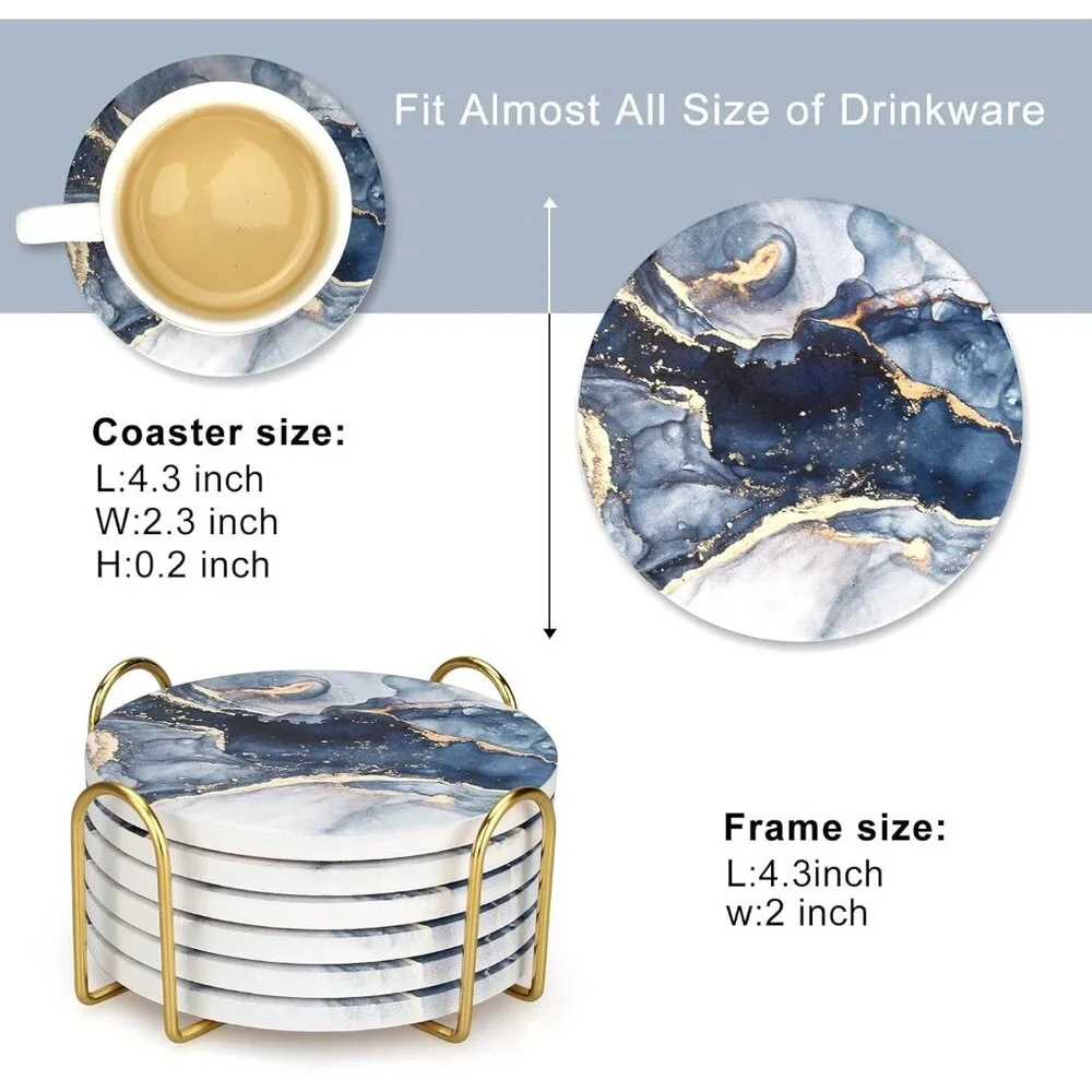Navy Blue Marble Coasters Set of 6 with Gold Holder - Absorbent & Stylish Decor